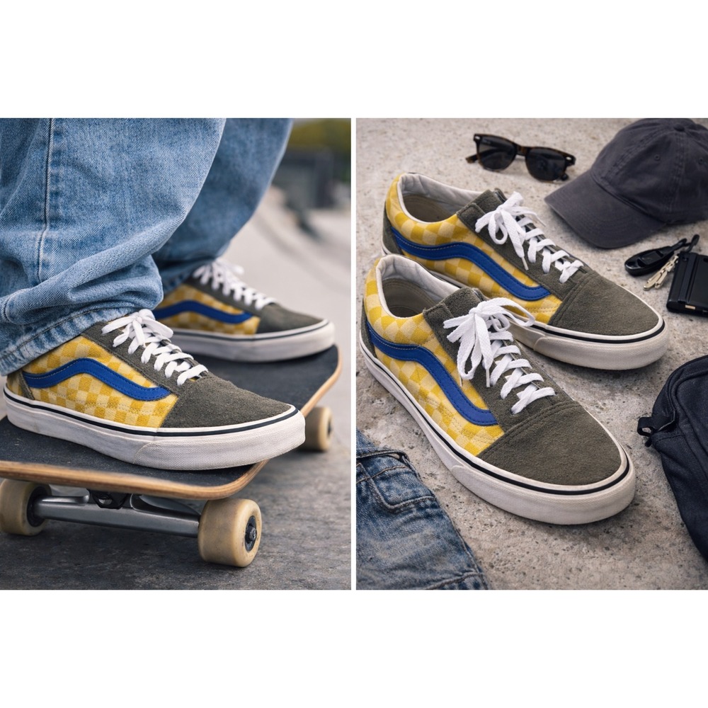 Vans Old Skool Checkerboard Yellow Blue Skate Shoes Men's 6.5 Streetwear Y2K